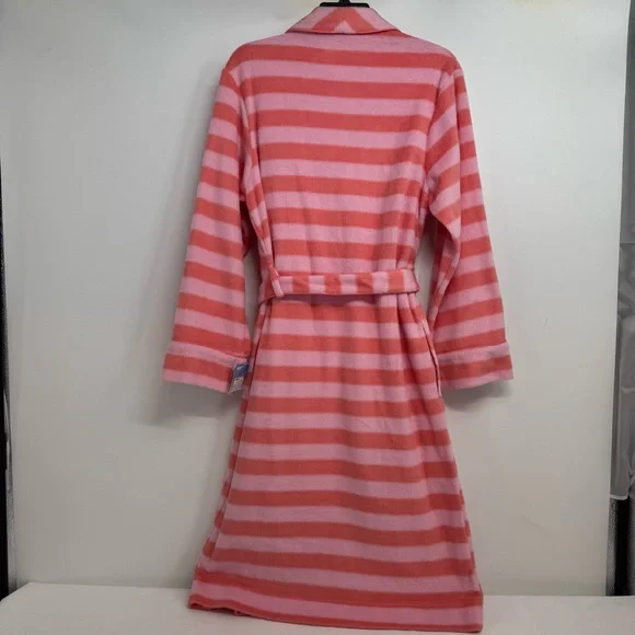 Nick and Nora Size XS/S Pink Coral Striped Soft Fuzzy Belted Robe OWL Embroidery